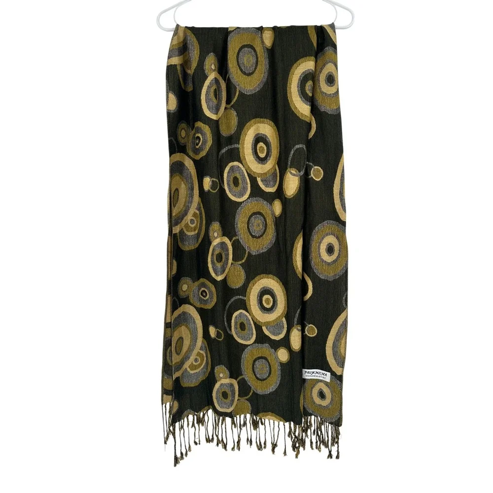 Pashmina Silk Blend Scarf Olive Green Gold Geometric Circle Print Fringe Wrap